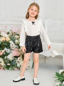SHEIN Cô Gái Trẻ Viền Ruffle tay áo lá sen Áo & Nếp gấp cao eo Quần short - Đen và trắng - Xem 9