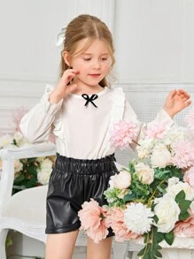 SHEIN Cô Gái Trẻ Viền Ruffle tay áo lá sen Áo & Nếp gấp cao eo Quần short - Đen và trắng - Xem 10