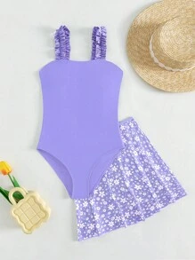 Teen Girls Frill Trim One Piece Swimsuit & Floral Print Beach Skirt