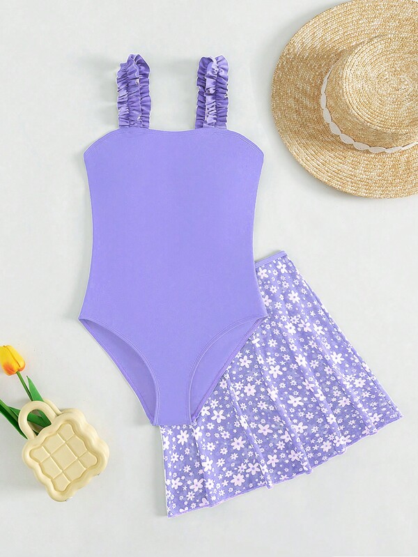 Fille Adolescente À Plis Maillot De Bain Une Pièce & Imprimé Floral Jupe De Plage