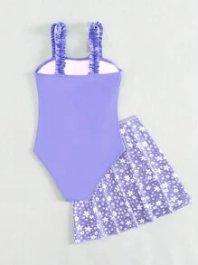 Teen Girls Frill Trim One Piece Swimsuit & Floral Print Beach Skirt
