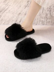 秋冬季女士极简毛绒卧室拖鞋，时尚室内家居拖鞋，蓬松拖鞋