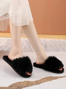 秋冬季女士极简毛绒卧室拖鞋，时尚室内家居拖鞋，蓬松拖鞋