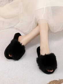 秋冬季女士极简毛绒卧室拖鞋，时尚室内家居拖鞋，蓬松拖鞋