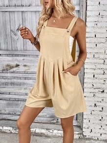 SHEIN LUNE Áo liền quần nữ Nút Túi màu trơn Giải trí - Màu Khaki - Xem 3