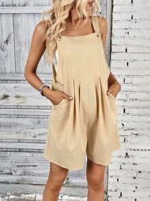 SHEIN LUNE Áo liền quần nữ Nút Túi màu trơn Giải trí - Màu Khaki - Xem 1