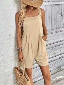 SHEIN LUNE Áo liền quần nữ Nút Túi màu trơn Giải trí - Màu Khaki - Xem 4