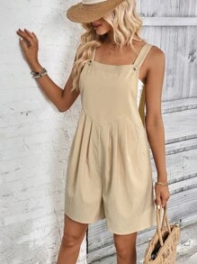 SHEIN LUNE Áo liền quần nữ Nút Túi màu trơn Giải trí - Màu Khaki - Xem 6