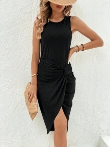 SHEIN LUNE Solid Twist Front Tank Dress - Black - View 1