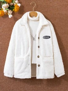SHEIN Chica preadolescente Abrigo teddy con diseño de parche de letra sin jersey