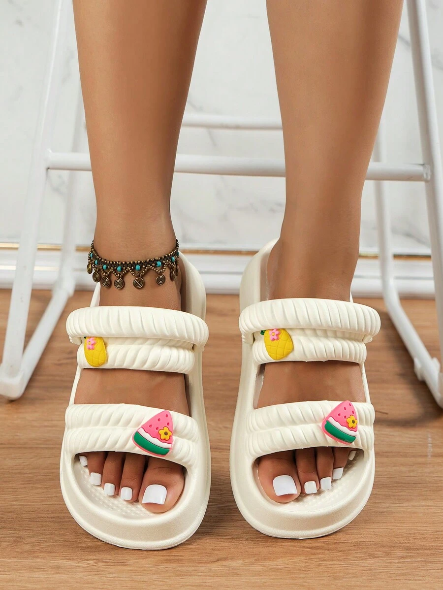 女士西瓜和鳳梨裝飾多用途穿戴拖鞋,時尚夏天拖鞋 - 米色 - 查看 1