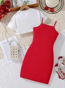 Conjunto de 2 piezas para niña preadolescente: top corto estampado y vestido - Rojo - Ver 2