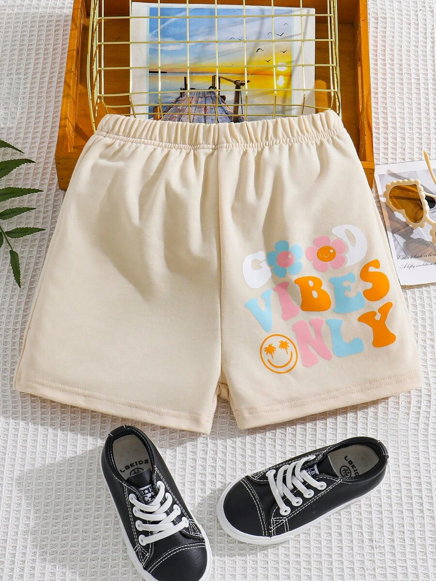 SHEIN 女孩字母和卡通圖案短褲 - 卡其色 - 查看 1