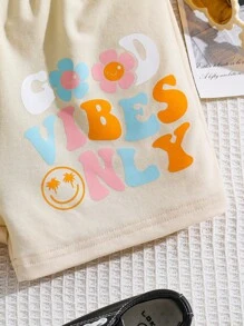 SHEIN 女孩字母和卡通圖案短褲 - 卡其色 - 查看 4