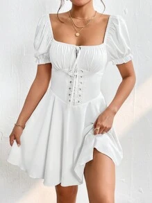SHEIN PETITE Square Neck Lace Up Front Ruched Bust Puff Sleeve Milkmaid Dress - White - View 4