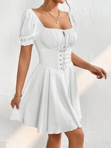 SHEIN PETITE Square Neck Lace Up Front Ruched Bust Puff Sleeve Milkmaid Dress - White - View 3
