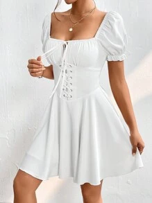 SHEIN PETITE Square Neck Lace Up Front Ruched Bust Puff Sleeve Milkmaid Dress - White - View 5