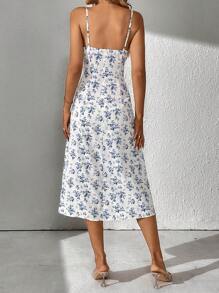 SHEIN Tall Floral Print Knot Front Split Thigh Cami Dress - Baby Blue - View 2