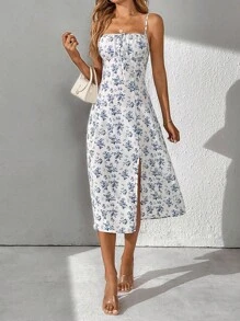 SHEIN Tall Floral Print Knot Front Split Thigh Cami Dress - Baby Blue - View 3