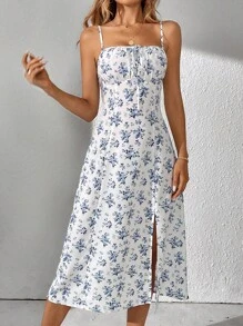 SHEIN Tall Floral Print Knot Front Split Thigh Cami Dress - Baby Blue - View 6