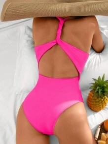 Ruched Halter One Piece Swimsuit - Hot Pink - View 1