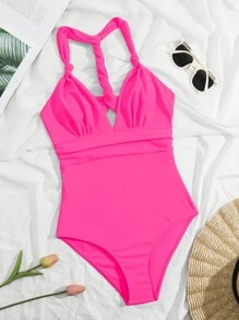 Ruched Halter One Piece Swimsuit - Hot Pink - View 3