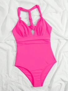 Ruched Halter One Piece Swimsuit - Hot Pink - View 5