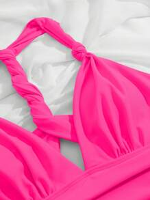Ruched Halter One Piece Swimsuit - Hot Pink - View 6