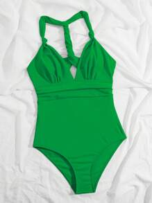 Twist Cut Out One Piece Swimsuit,Summer Beach - Green - View 6