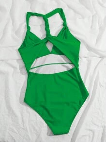 Twist Cut Out One Piece Swimsuit,Summer Beach - Green - View 7