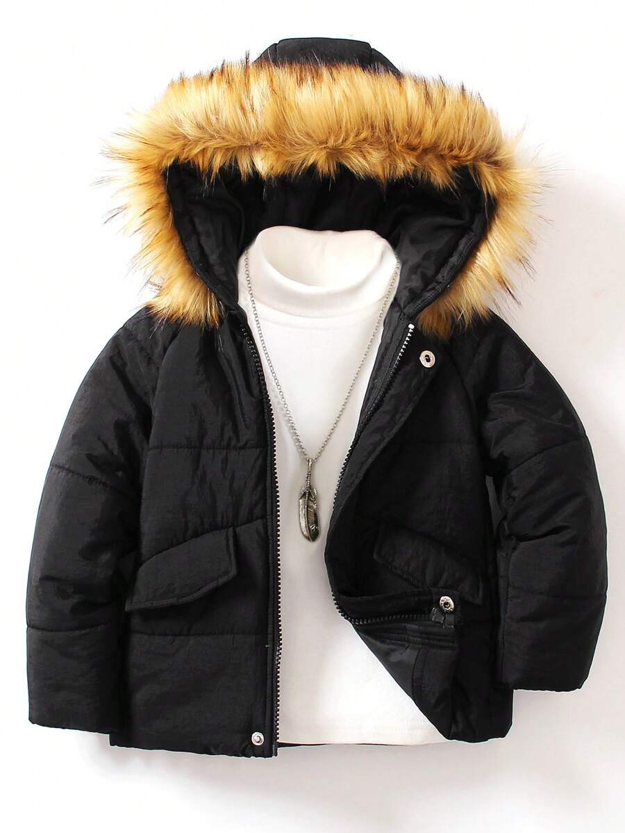 SHEIN Young Boy Fuzzy Trim Hooded Padded Coat Without Sweater - Black - View 1