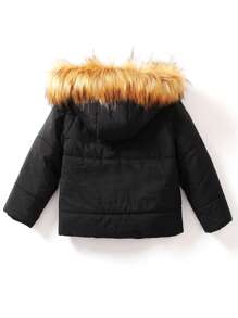 SHEIN Young Boy Fuzzy Trim Hooded Padded Coat Without Sweater - Black - View 2