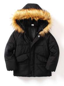 SHEIN Young Boy Fuzzy Trim Hooded Padded Coat Without Sweater - Black - View 3