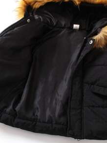 SHEIN Young Boy Fuzzy Trim Hooded Padded Coat Without Sweater - Black - View 5