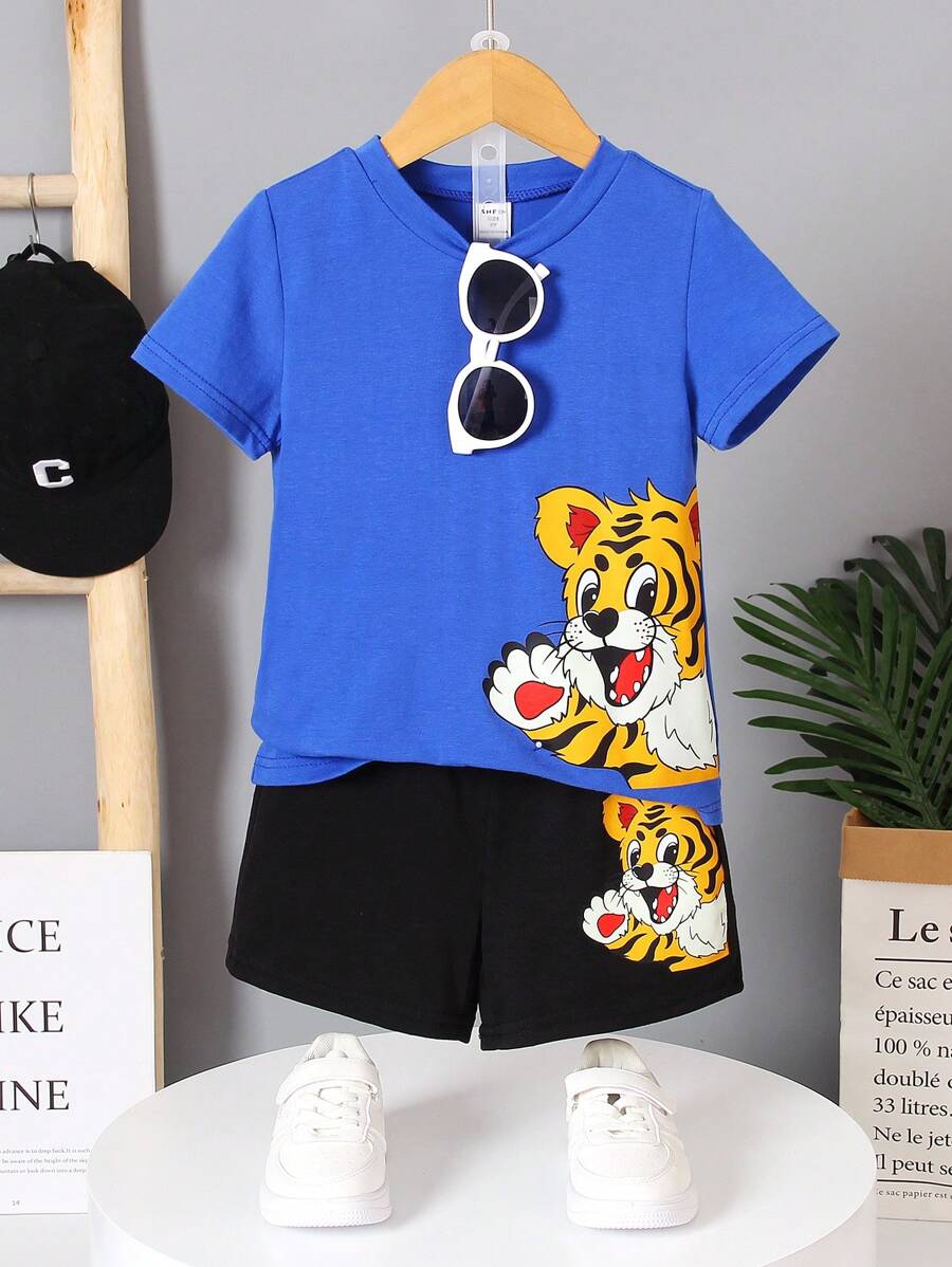SHEIN 少年男童老虎印花t恤和短褲 - 彩色 - 查看 1