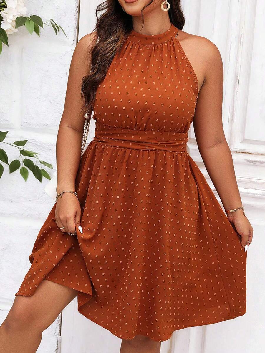 SHEIN Clasi Plus Swiss Dot Halter Neck Dress - Brown - View 1