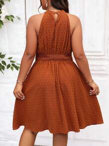 SHEIN Clasi Plus Swiss Dot Halter Neck Dress - Brown - View 2