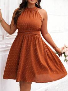 SHEIN Clasi Plus Swiss Dot Halter Neck Dress - Brown - View 4