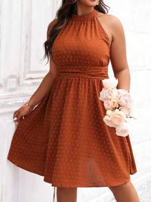 SHEIN Clasi Plus Swiss Dot Halter Neck Dress - Brown - View 5