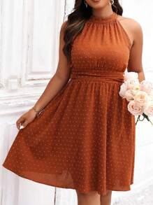 SHEIN Clasi Plus Swiss Dot Halter Neck Dress - Brown - View 6