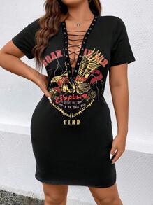 Allurite 大碼鷹和字母圖案扣眼前繫帶緊身連衣裙 - 黑色 - 查看 3