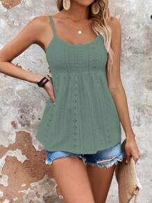 SHEIN LUNE 網眼刺繡荷葉擺吊帶上衣 - 綠色 - 查看 3