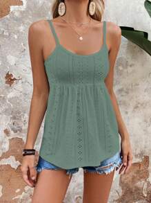 SHEIN LUNE 網眼刺繡荷葉擺吊帶上衣 - 綠色 - 查看 4