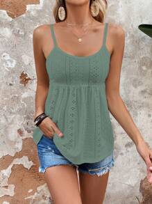 SHEIN LUNE 網眼刺繡荷葉擺吊帶上衣 - 綠色 - 查看 6