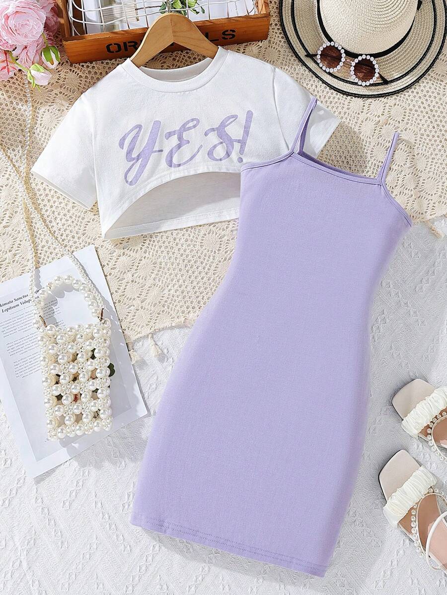 SHEIN Explorewe Tween Girl Letter Graphic Super Crop Tee & Cami Dress