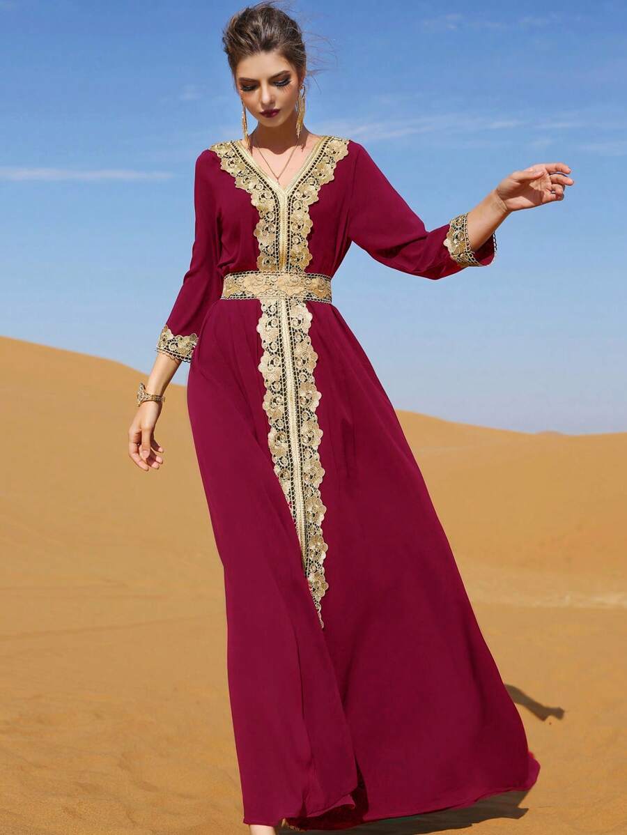 Al Najma Burgundy Red Contrast Guipure Lace Belted Kaftan - Burgundy - View 1