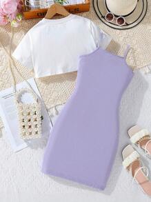 SHEIN Explorewe Tween Girl Letter Graphic Super Crop Tee & Cami Dress