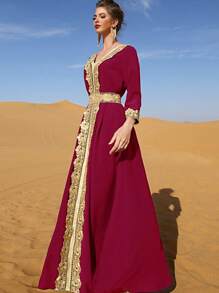 Al Najma Burgundy Red Contrast Guipure Lace Belted Kaftan - Burgundy - View 3