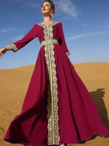 Al Najma Burgundy Red Contrast Guipure Lace Belted Kaftan - Burgundy - View 6