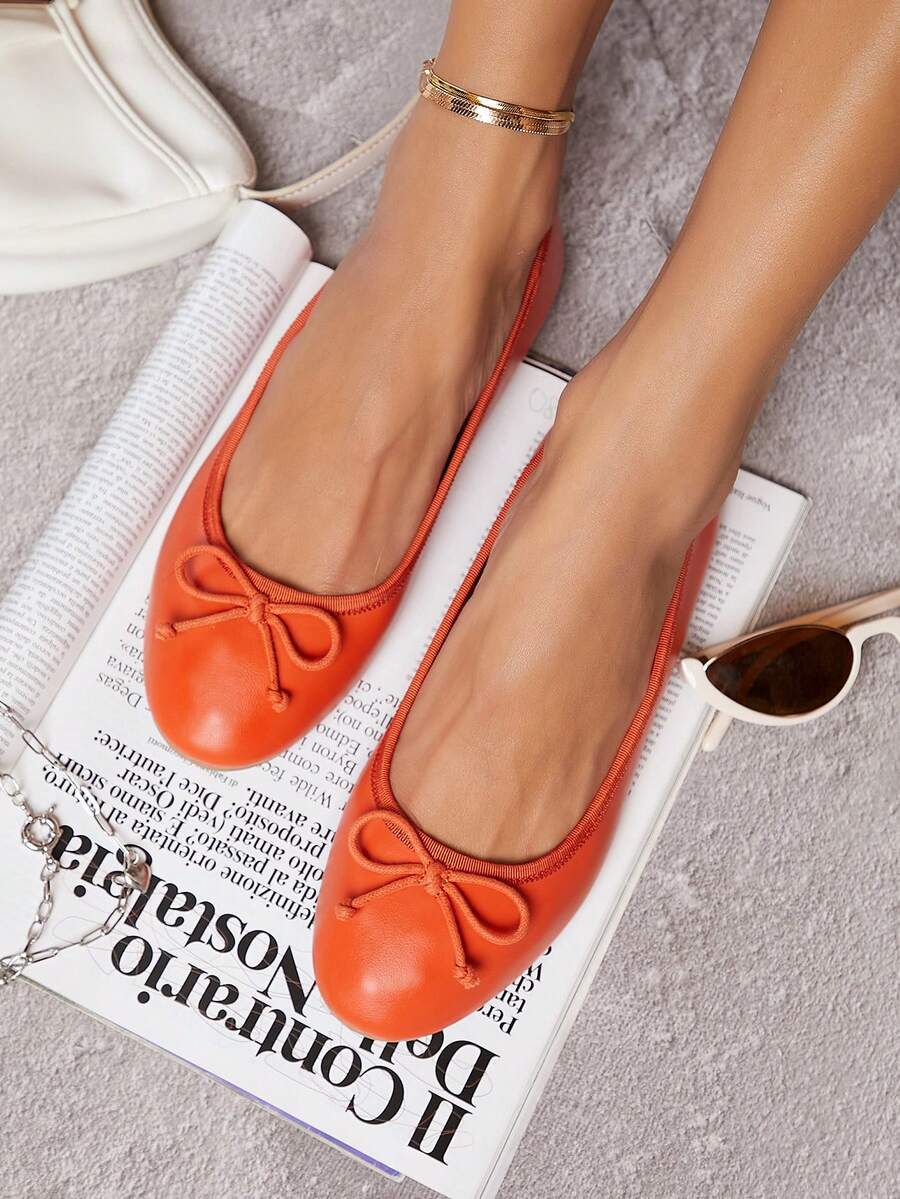 Da thuần chay Trang trí Bow Giày phẳng Ba lê - trái cam - Xem 1